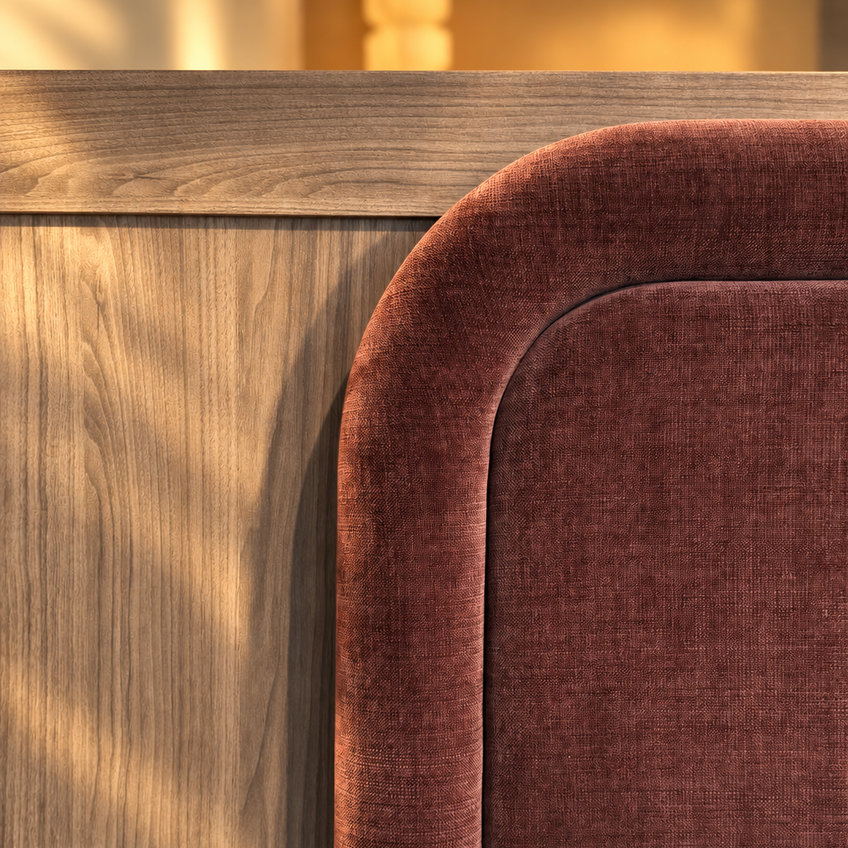 Close-up of a bed headboard with a warm wood panel on the left and a rounded upholstered section on the right in textured rust-brown fabric, lit by soft warm sunlight.